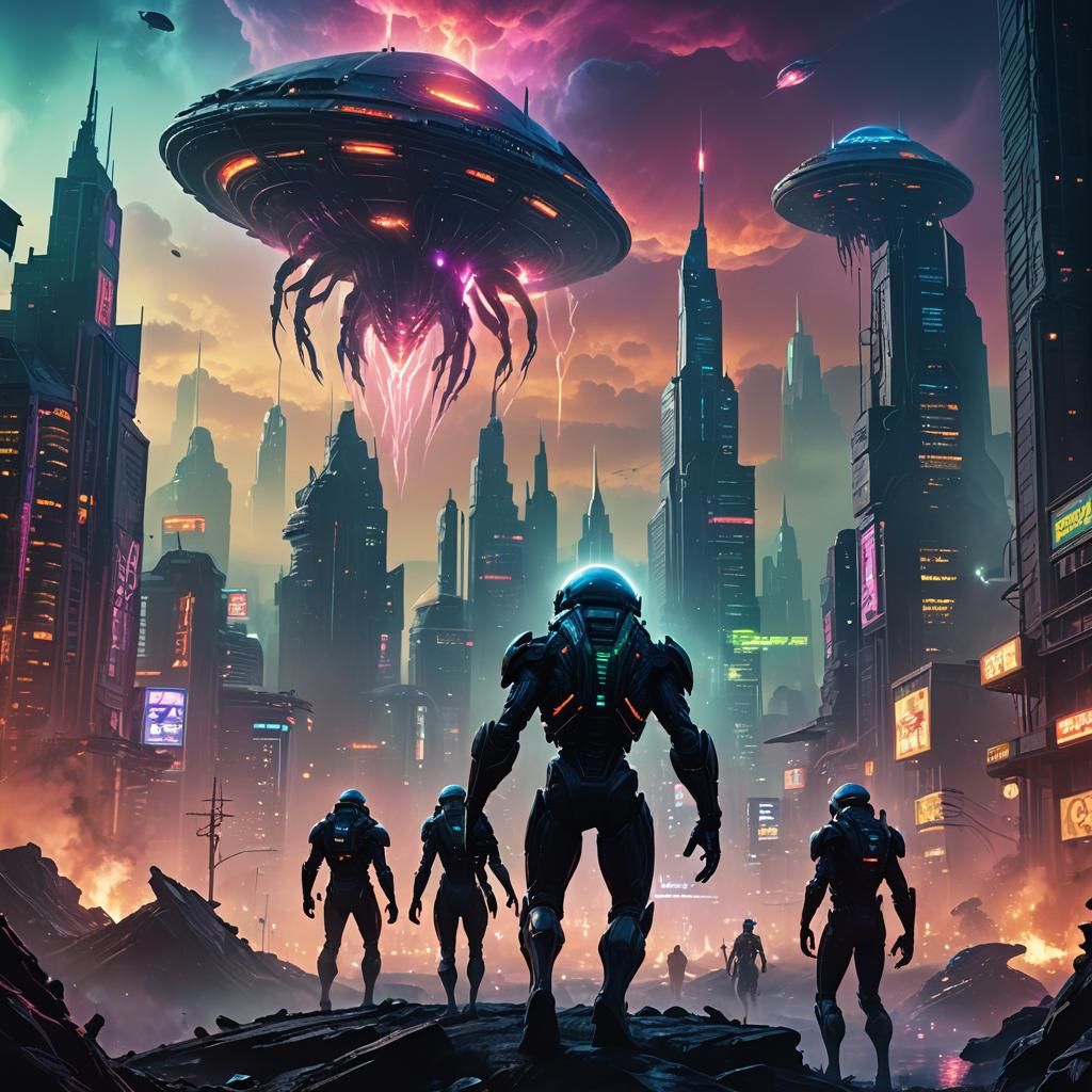 Alien Battle in Neon Cityscape: Digital Oil Painting