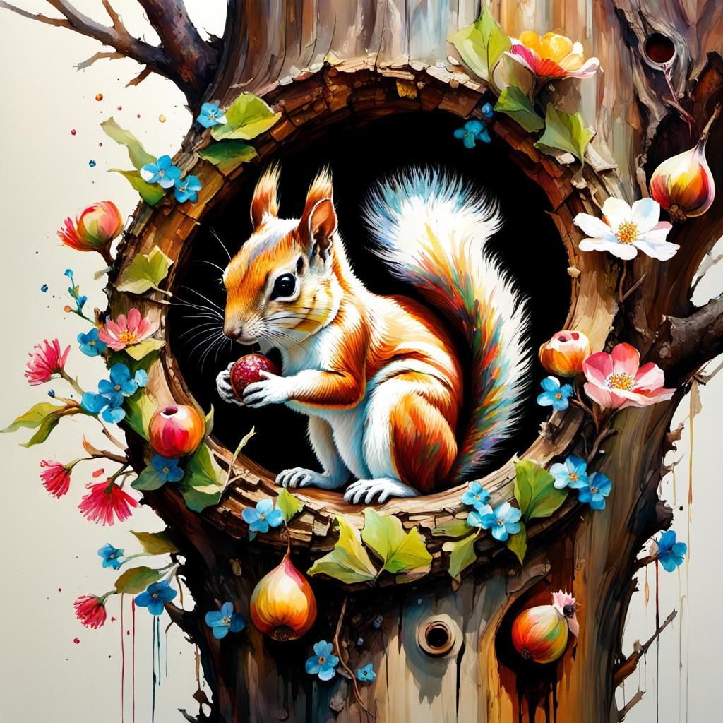 Squirrel and Flowers in Tree Hole, Oil Canvas Style