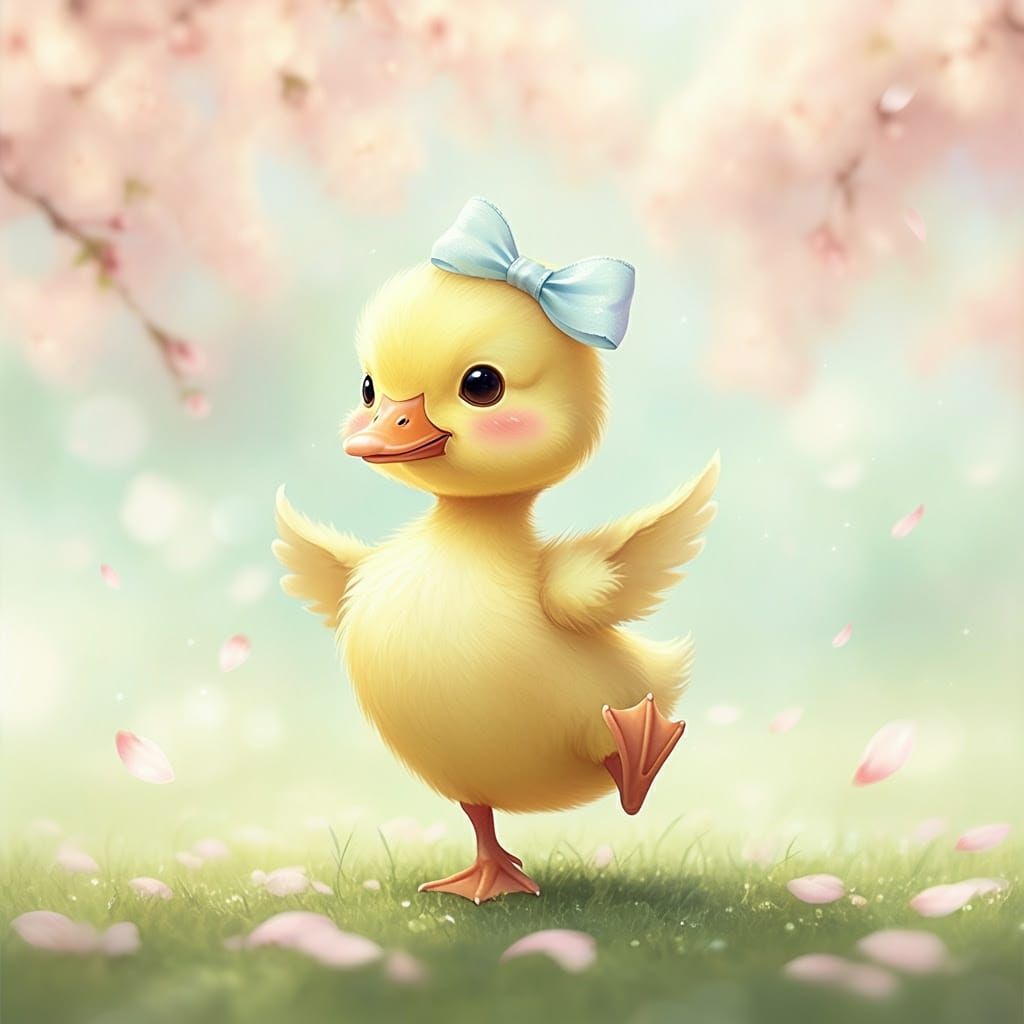 Dancing Duckling with Cherry Blossoms in Watercolor