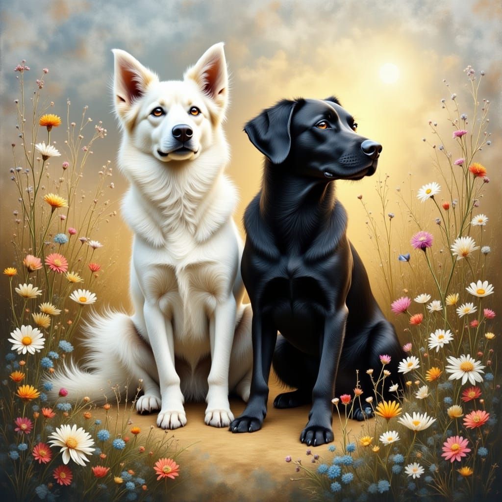 Dogs in Meadow, Impressionist Style