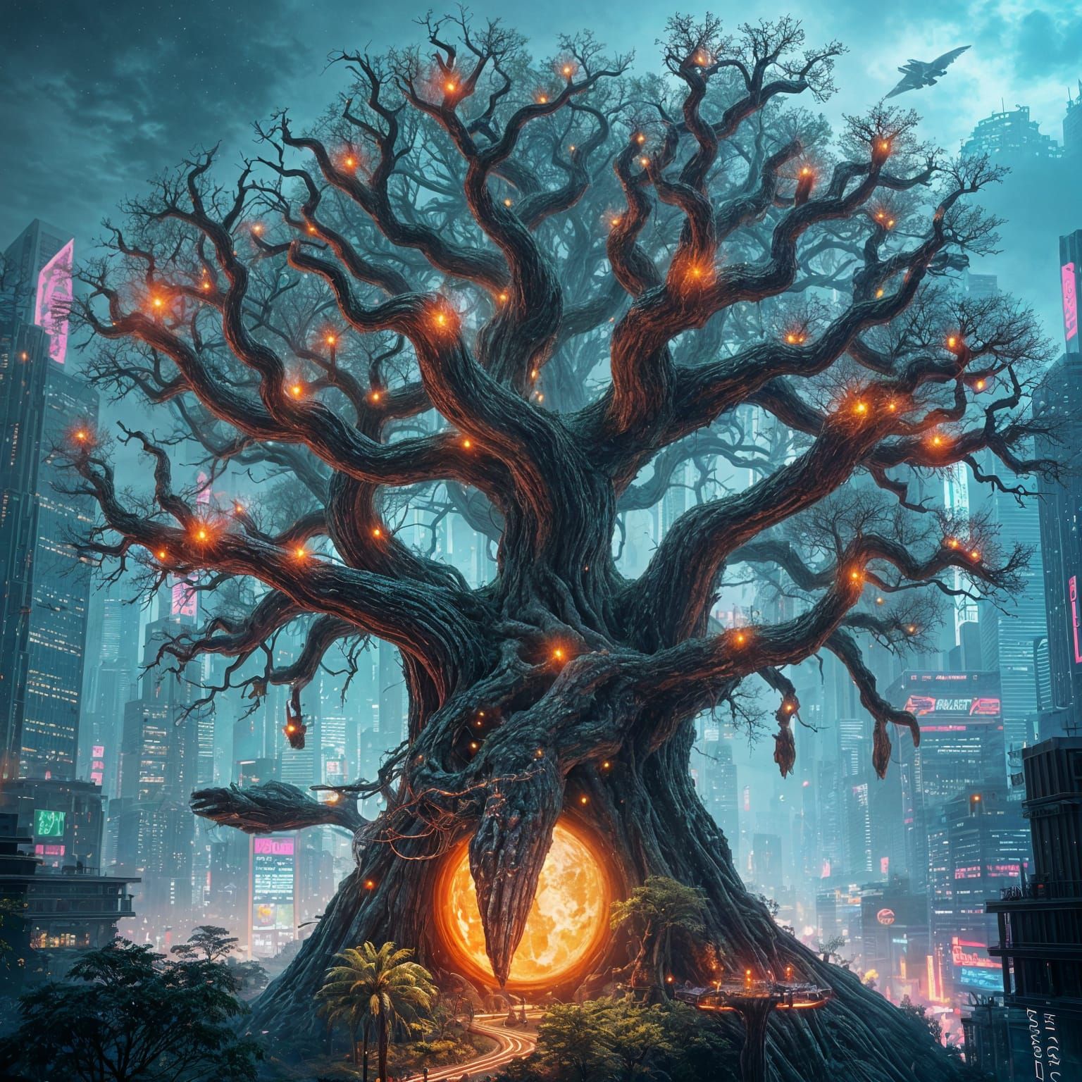 A colossal, ancient tree stands at the center of a futuristic metropolis, its branches intertwined with neon-lit skyscrapers and hovering ve...