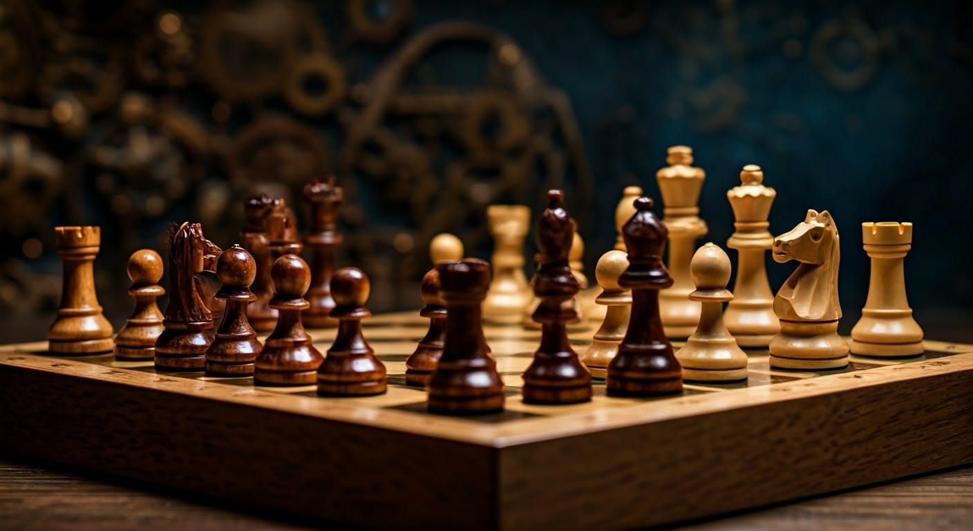 Wooden finely carved chessboard with individual detailed chess pieces in different coloured wood,highly polished, splash steampunk backgroun...