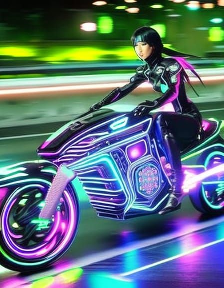 Downtown Osaka, Alien girl riding Intricate bioluminescent translucent ...