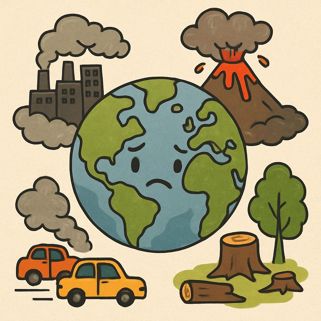 Make a earth, around it put the environmental issues like air pollution cause by factories and etc, cars smoke, deforestation and volcano er...