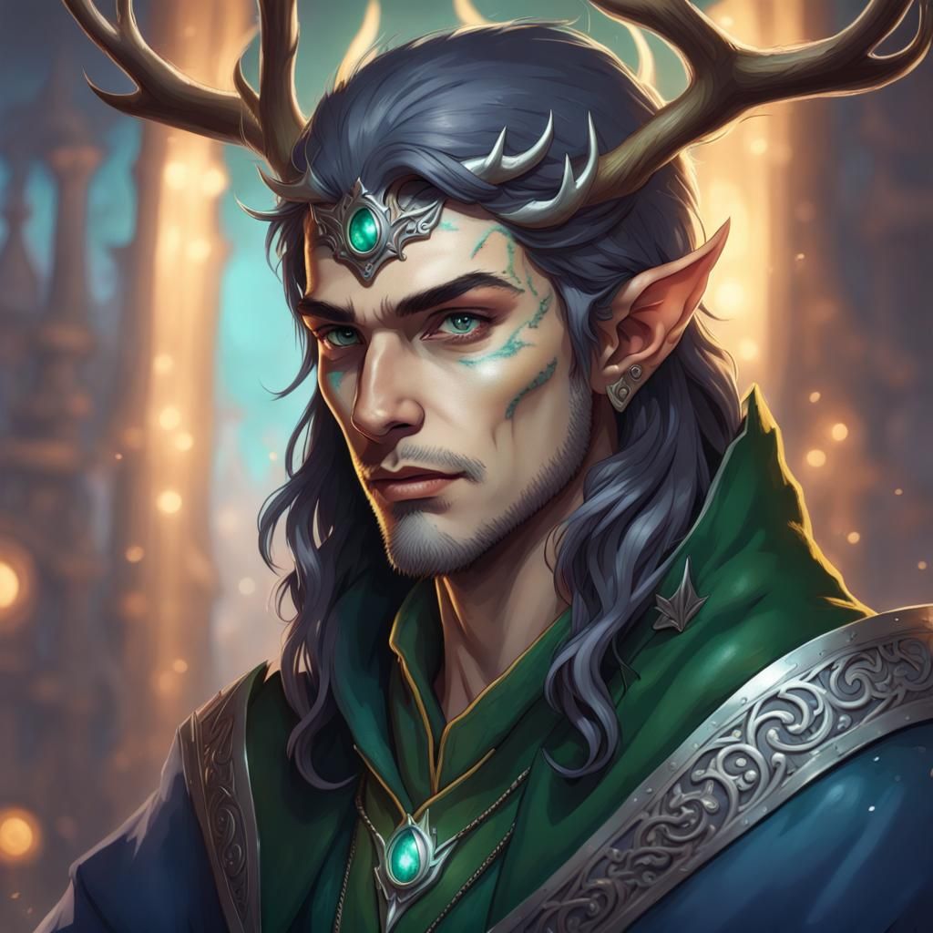 male elf wizard, amber colored skin, green eyes, face tattoos, no five ...