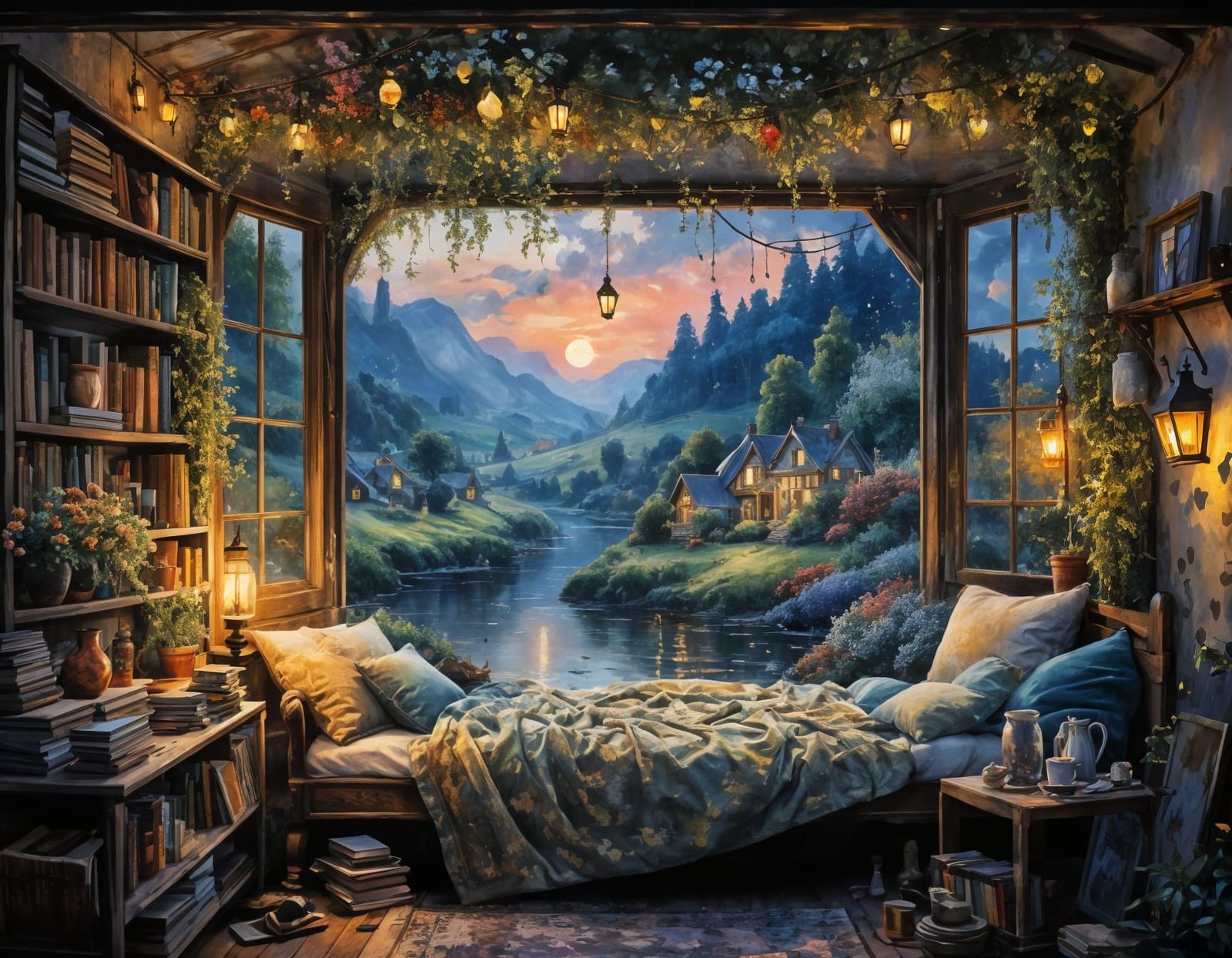 A painting by Johan Jongkind, kerem beyit, thomas kinkade An adorable book nook with a cute daybed, wild ...  by @Spearmint