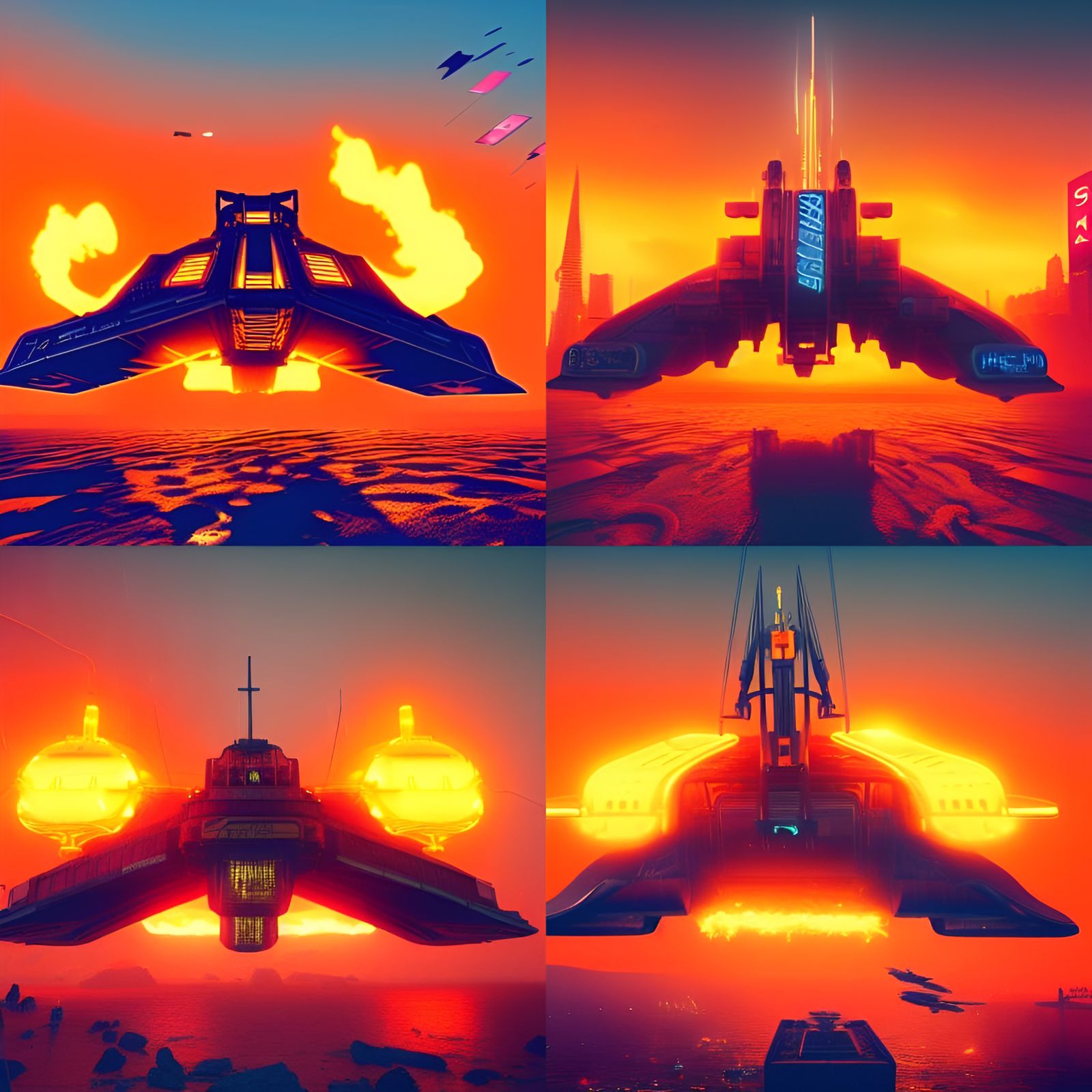 Air ship in a orange sky with fire on the beach cyberpunk 20...