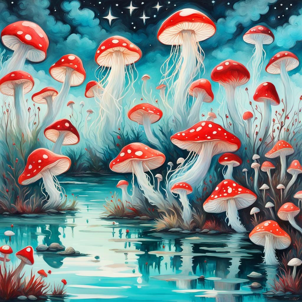 Gothic Jellyfish Field: Eerie Victorian Gouache Painting