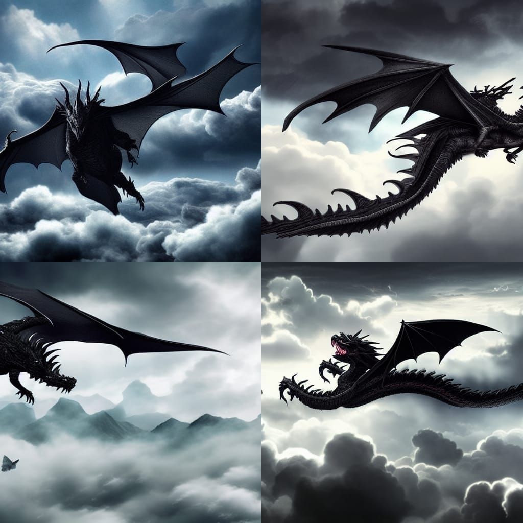 A black dragon flying through clouds