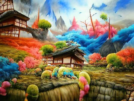 Colorful Traditional Japanese Fantasy Landscape Painting AI