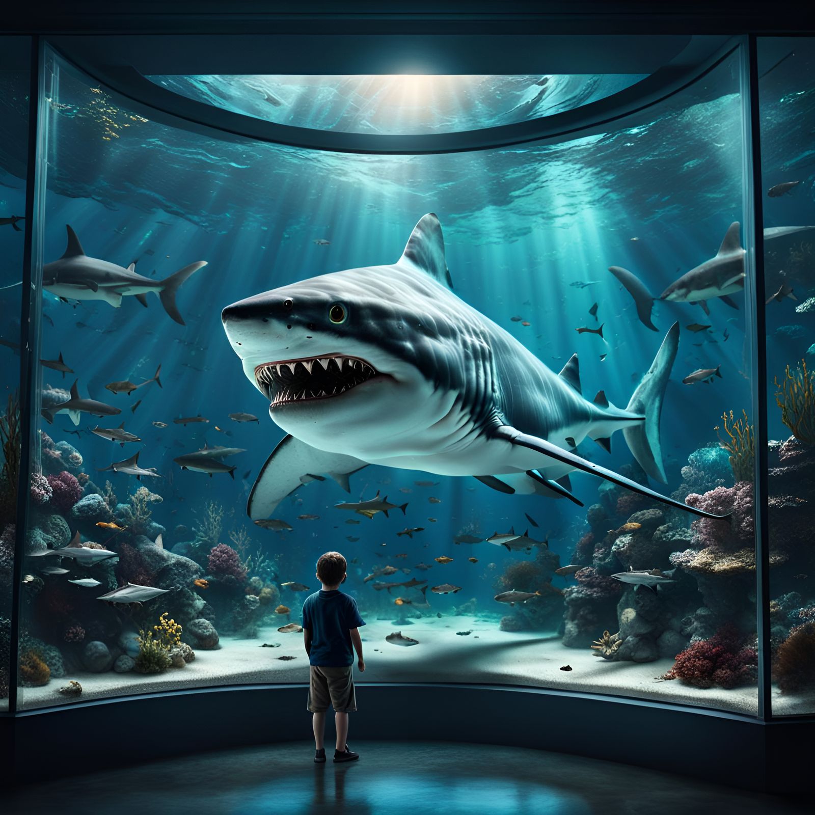 A giant shark in an aquarium looking at a children trough the glass with one eye  by @EB