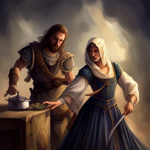 Medieval maid serving her master