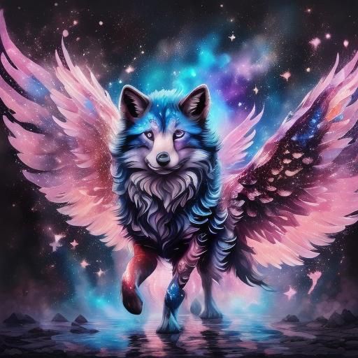 <lora:Fairy Animals:1.0> epic cute adorable ethereal pink winged bear walking and shimmering over the space, filled with glitter and stars,...