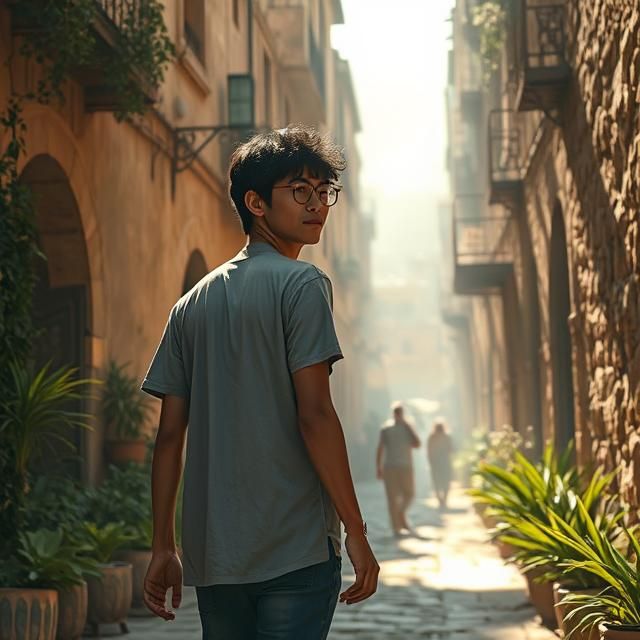 JAPANESE GUY WALKING IN AN ANCIENT ARABIAN CITY.