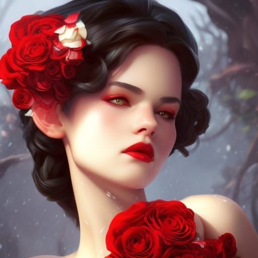 Snow White Portrait with Red Roses, Art Nouveau Style