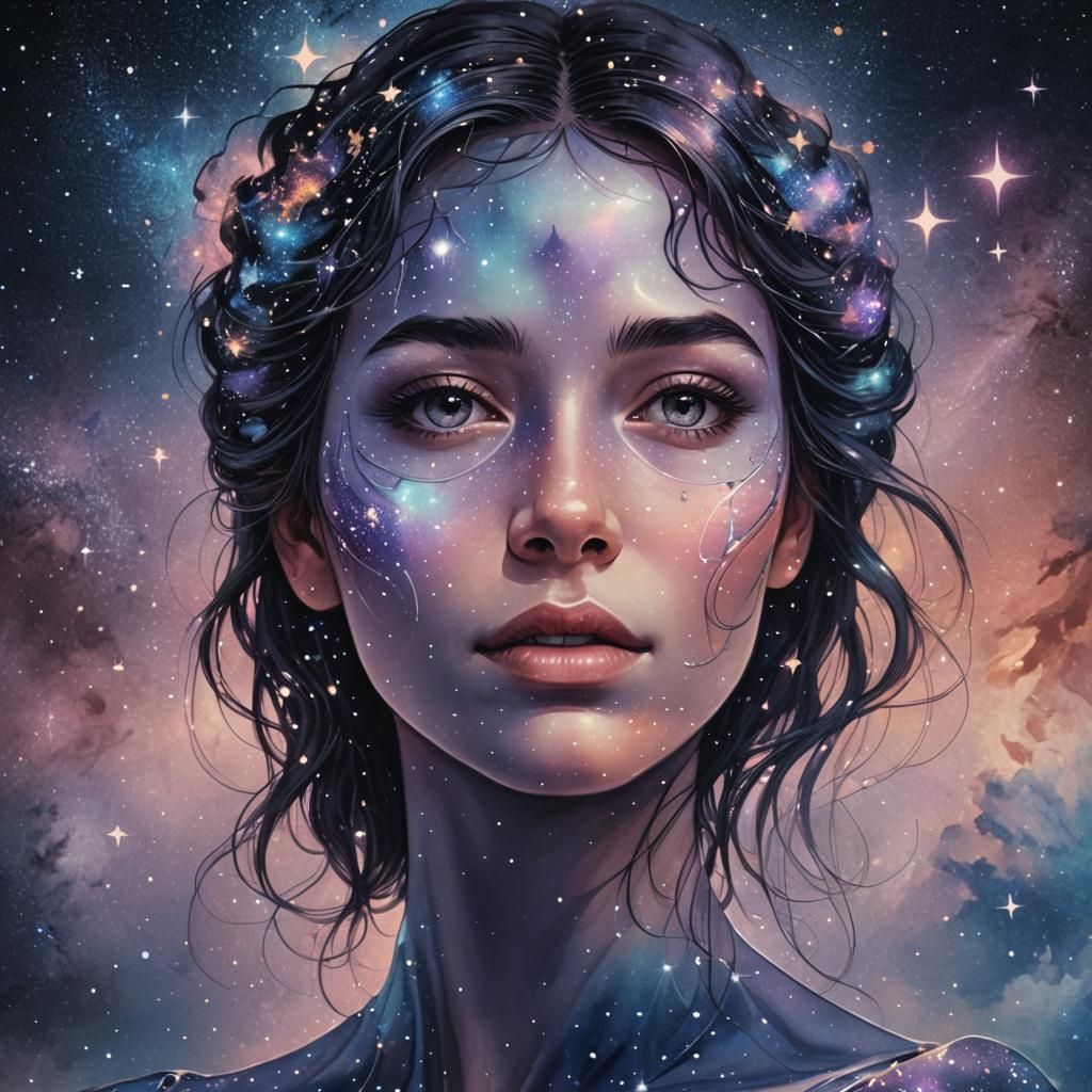 Night sky, stars constellation in the shape of a woman's face, iridescent, arcane