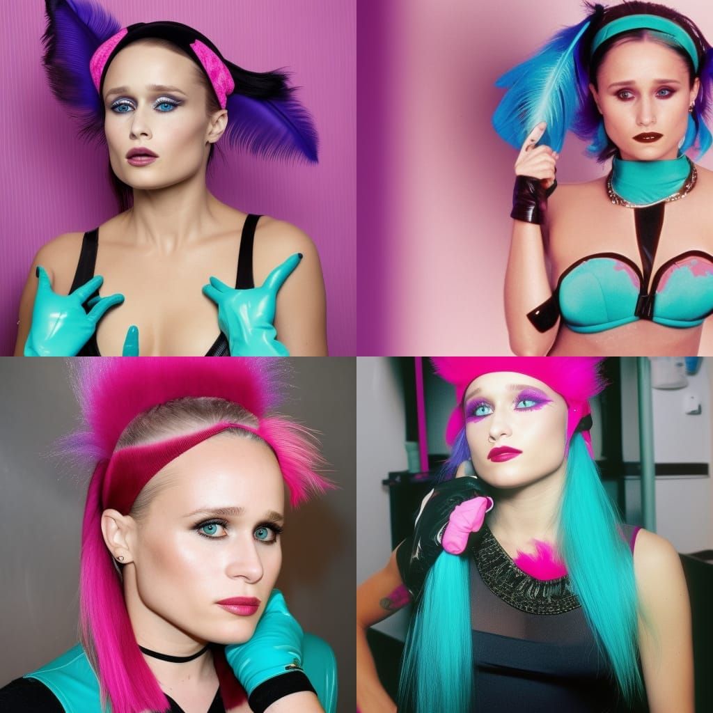 90s video rita volk with turquoise hair, with a black headband with a  fuchsia feather on her head, with black latex gloves , doing her makeu... -  AI Generated Artwork - NightCafe Creator