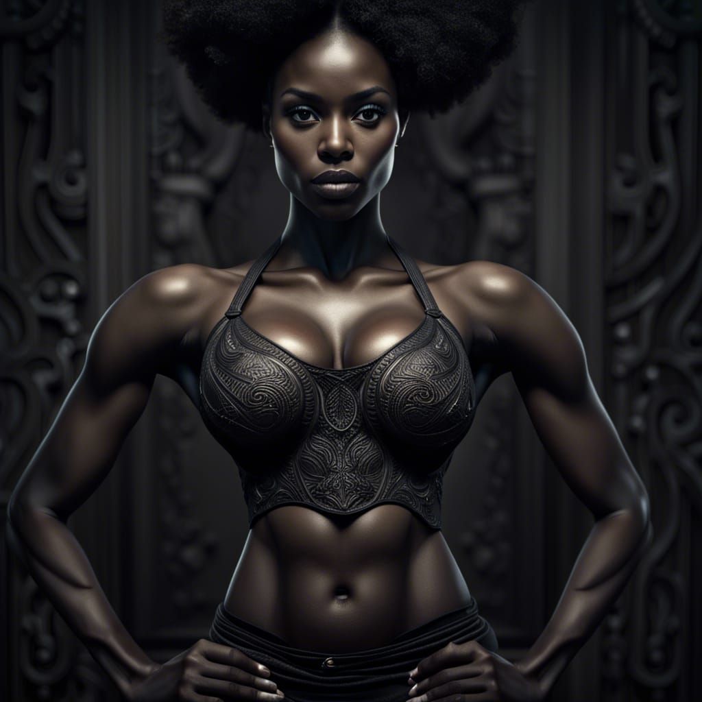 full body image, beautiful female bodybuilder, detailed muscles, short  tight black dress, eight pack, face detail, hyper-muscular arms, hype -  AI Generated Artwork - NightCafe Creator