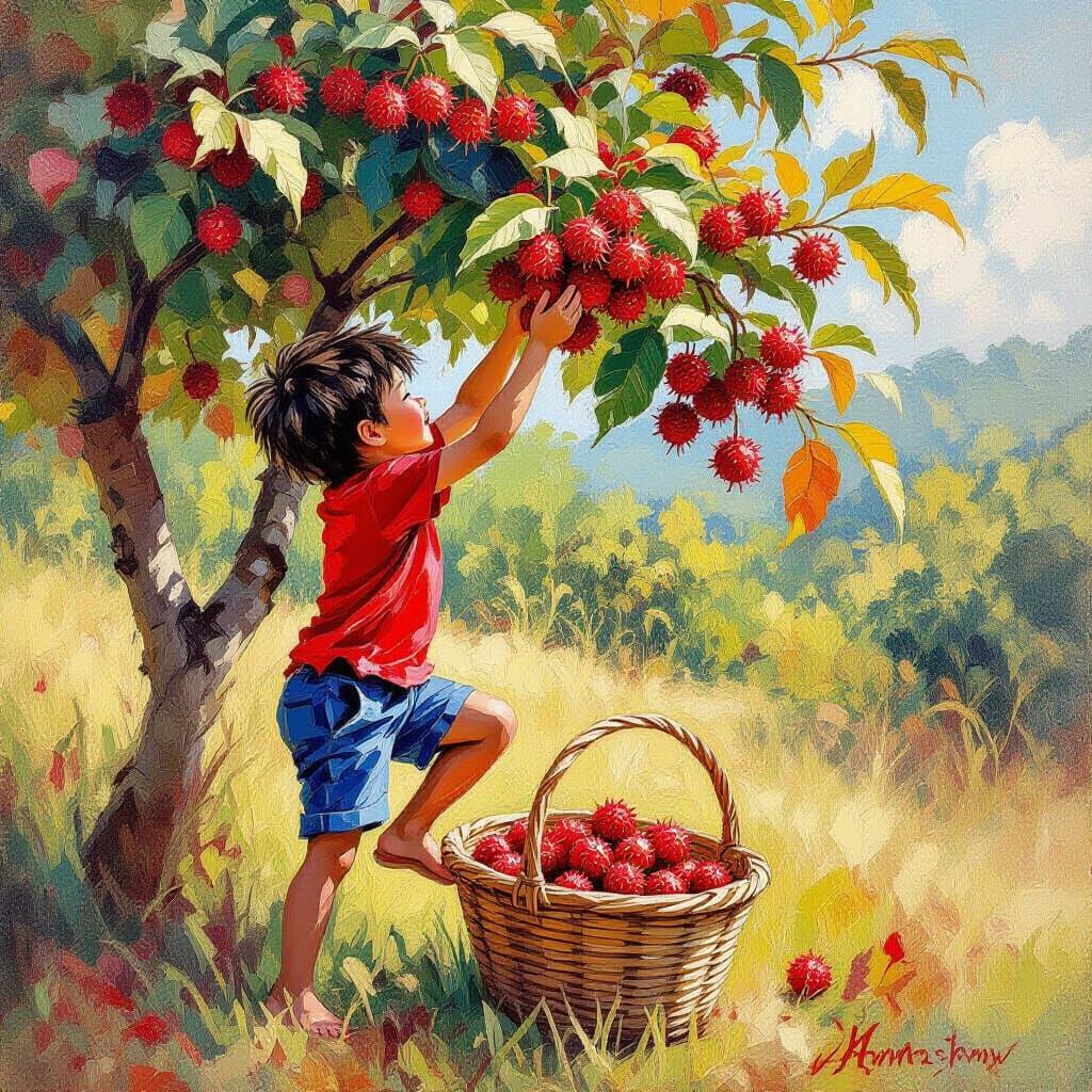 Using a cartoon style, create an image of a cheeky Singaporean boy with untidy hair, climbing a rambutan tree that is fruiting. Below the tr...