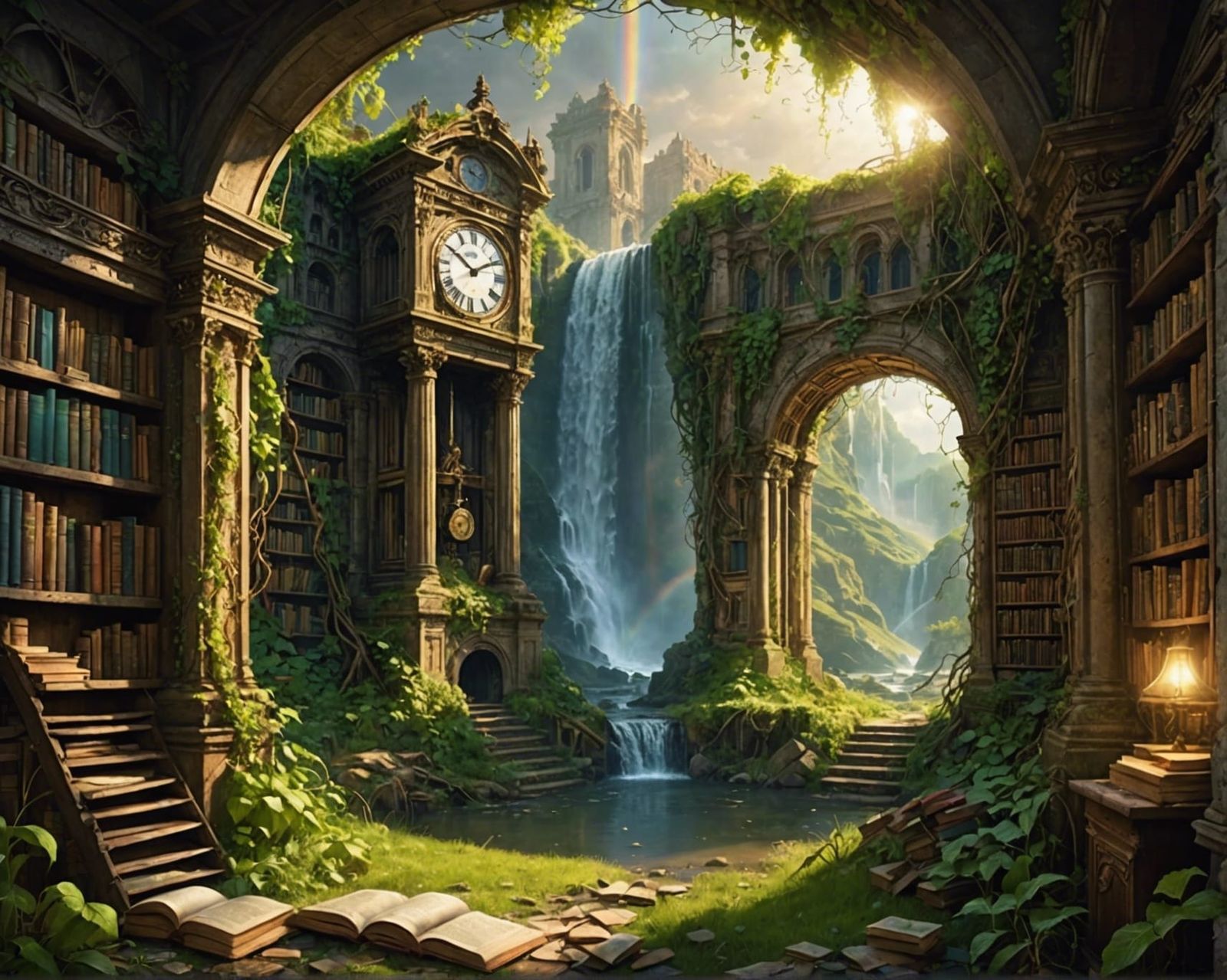 Ancient Libraries with a grandfather clock  by @yui kirito