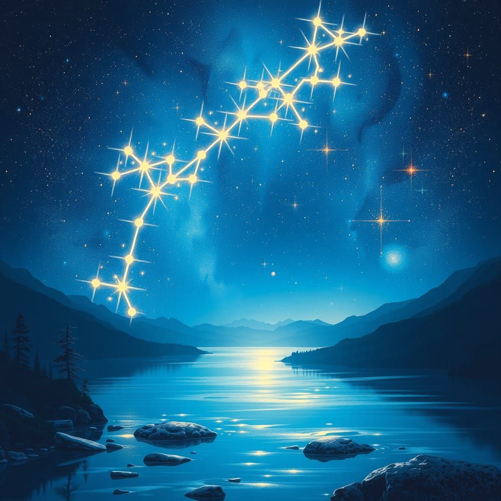 A constellation glows in the night sky, a gateway leading to a river