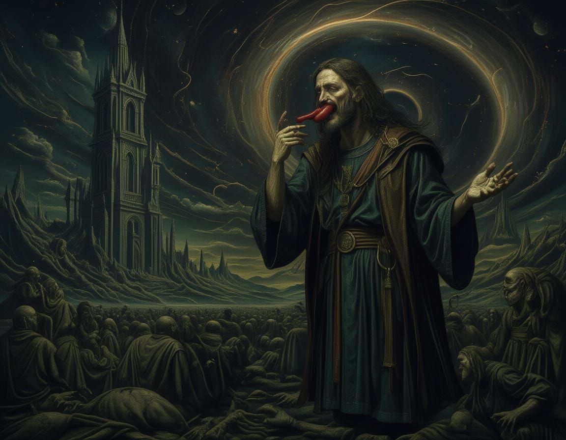 Jesus trying to get as many sausages as possible into his mouth. A liminal and unsettling composition, with subtle Gothic elements. In the s...