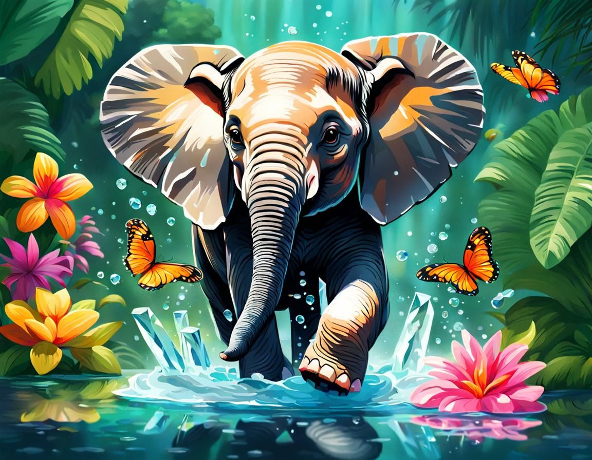 A playful baby elephant splashing in a crystal-clear jungle pool, surrounded by vibrant flora.  by @Babylicious
