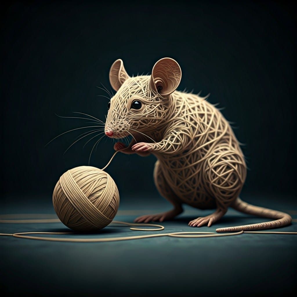 A string mouse plays with a ball of string.  by @Yourf_______nightmare