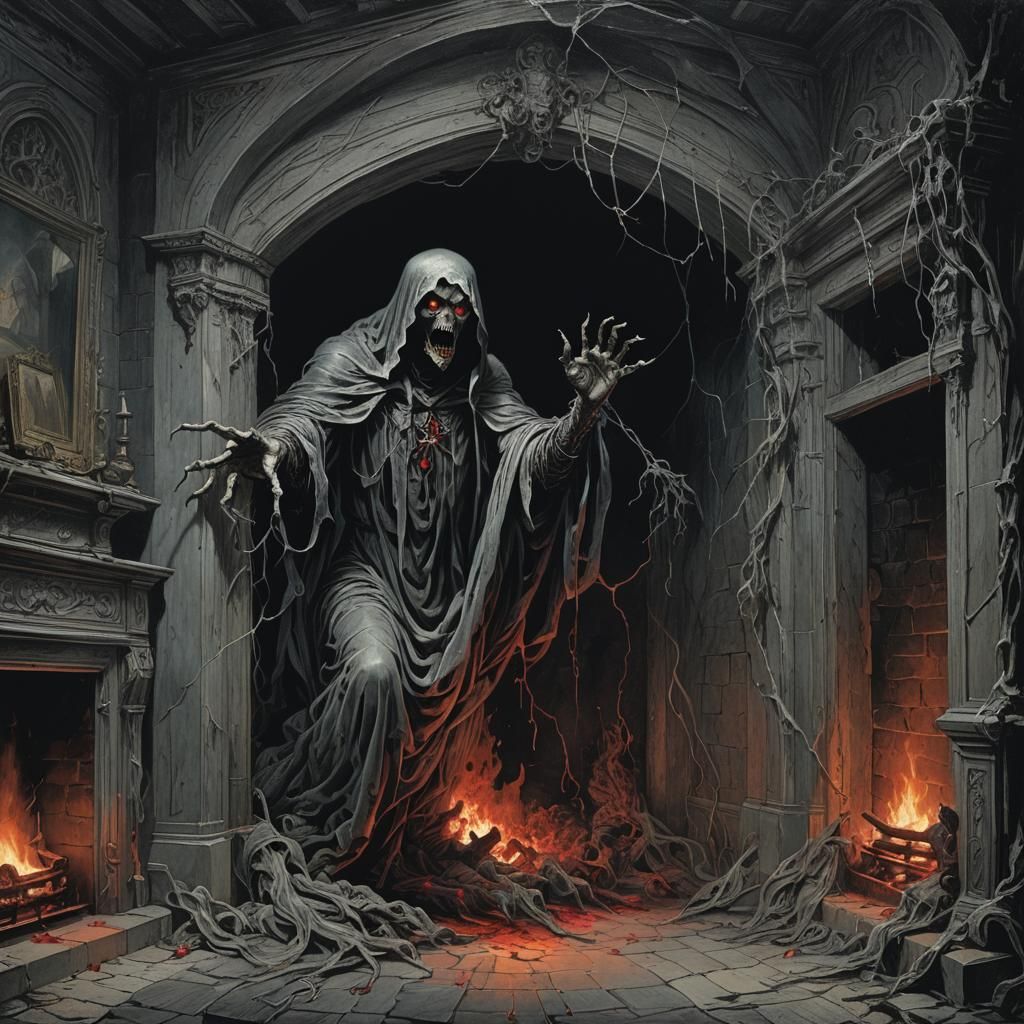 in a dark scary house, a ghost with red eyes and huge claws emerges from a cobweb-covered fireplace  by @Likvi