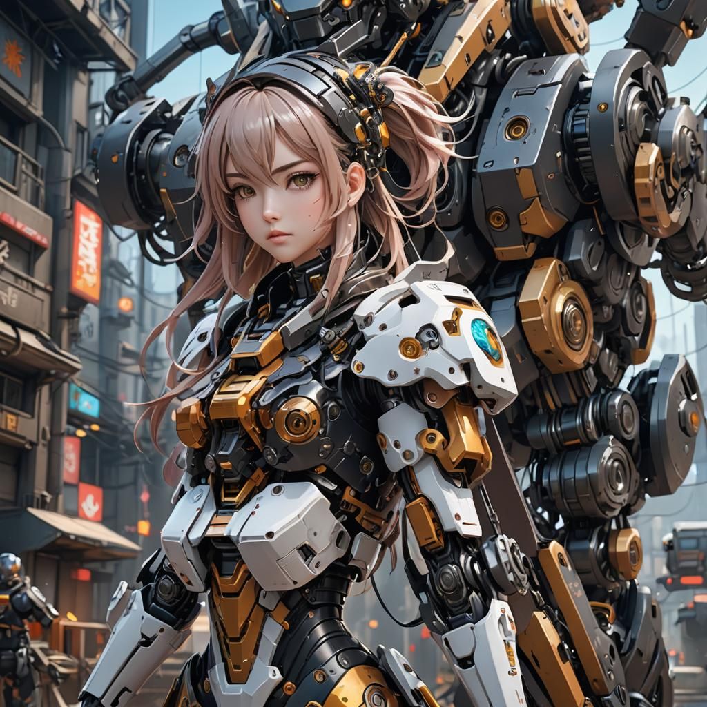 Pretty cute anime girl in detail she is have robot with robo...