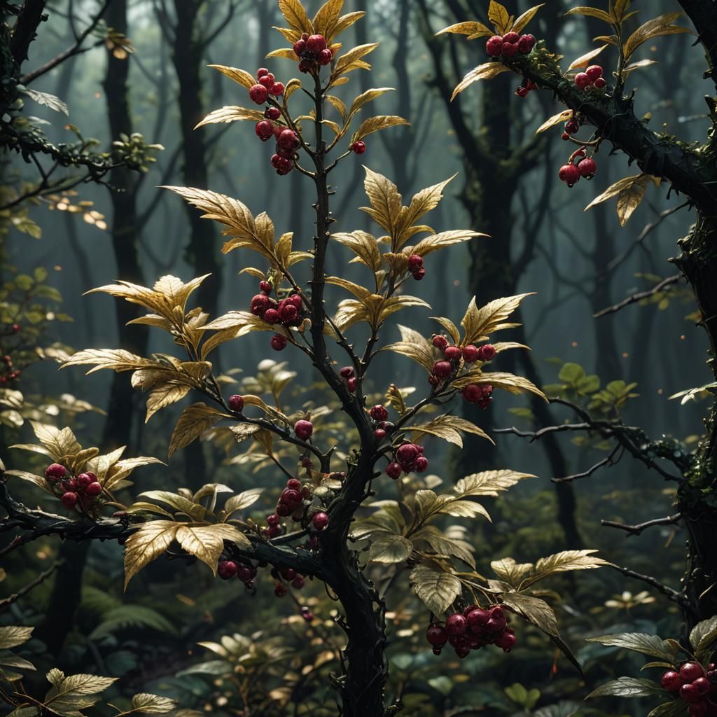 Closeup of a berrybush, standing alone in the middle of a da...