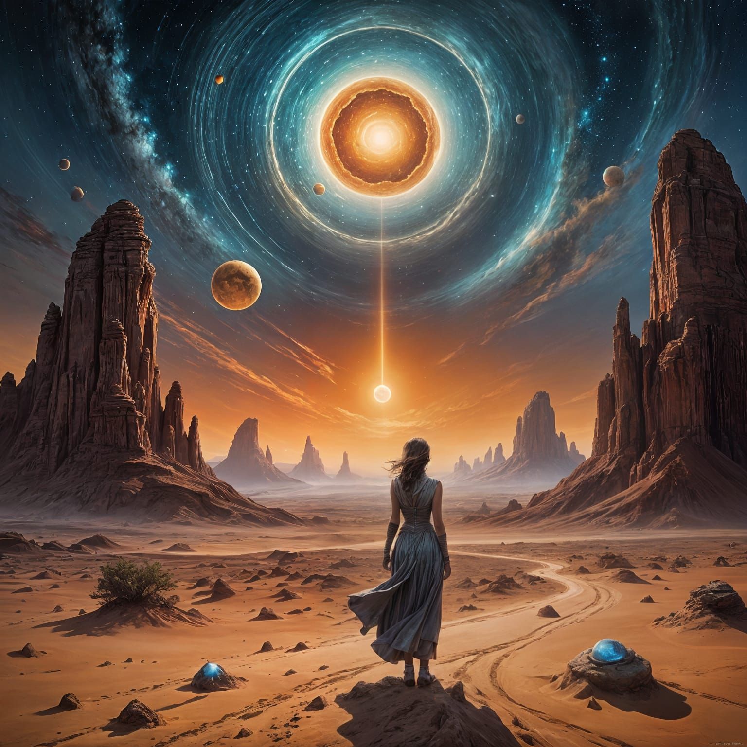 A solitary woman stands at the edge of a vast, alien desert under a sky filled with two moons and swirling galaxies. She clutches an ancient...