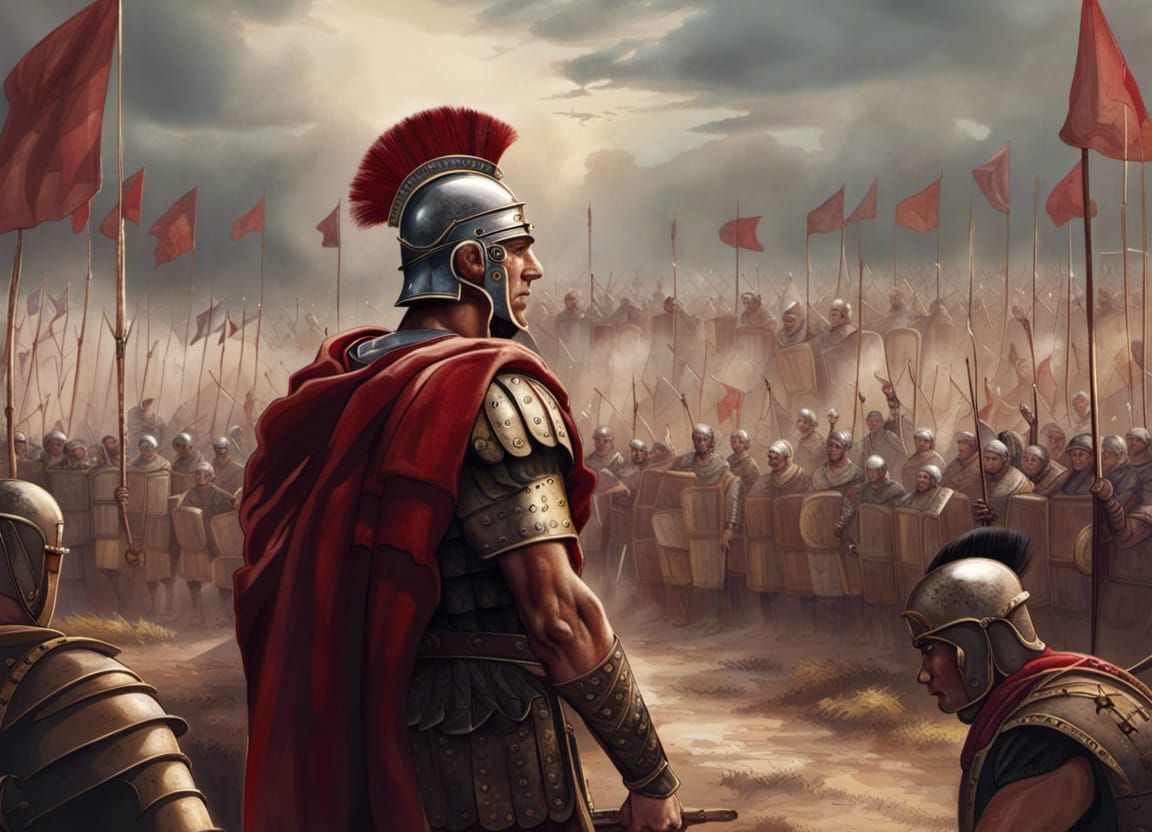 A roman centurion looking at a roman legion beneath him. Banners flying ...