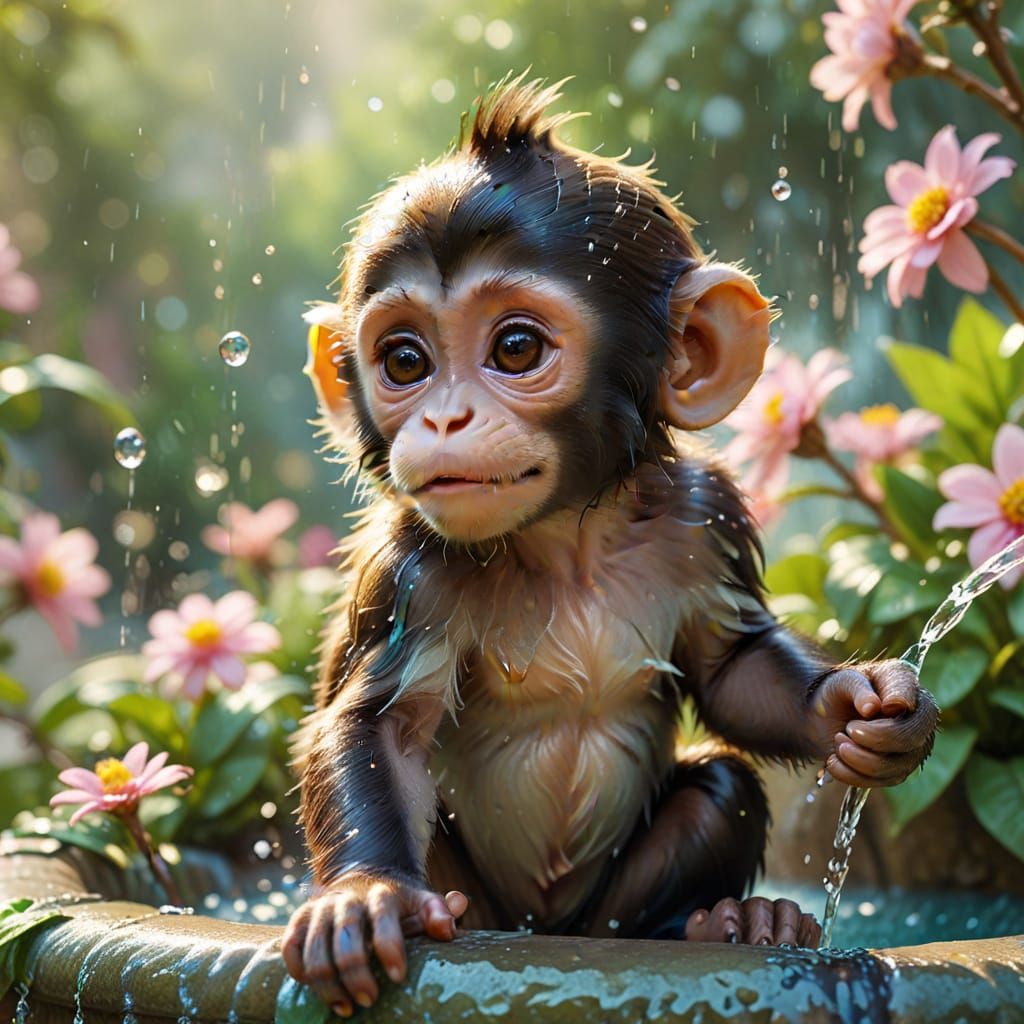 Baby monkey splashes in a spring garden fountain   by @Rachel the Redhead 