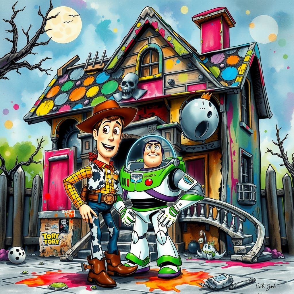 Watercolor of a cartoon 1970s Haunted house with Woody and B...