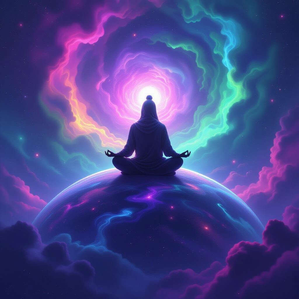 Figure Meditating on Planet in Psychedelic Nebula