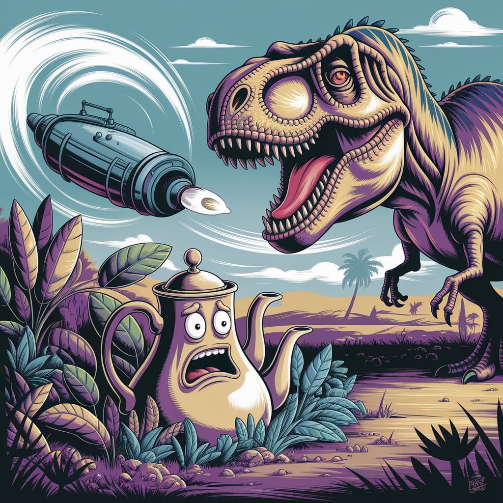 A teapot with a terrified facial expression 