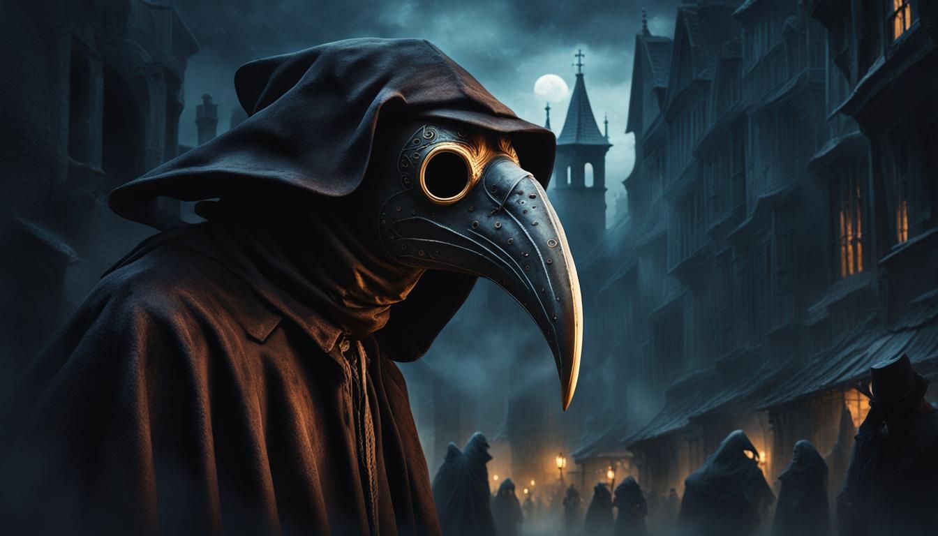 Plague doctor in a medieval city