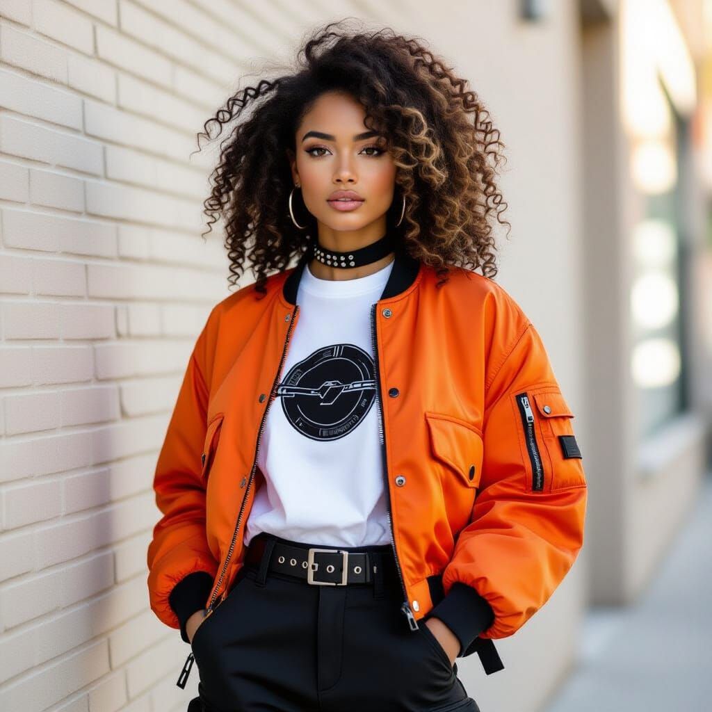 Urban Streetwear Fashion: Woman in Orange Bomber Jacket