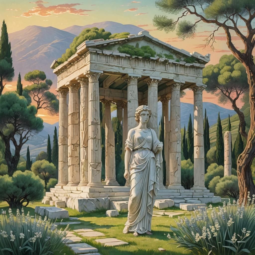 Greek Temple at Sunrise in Art Nouveau Style