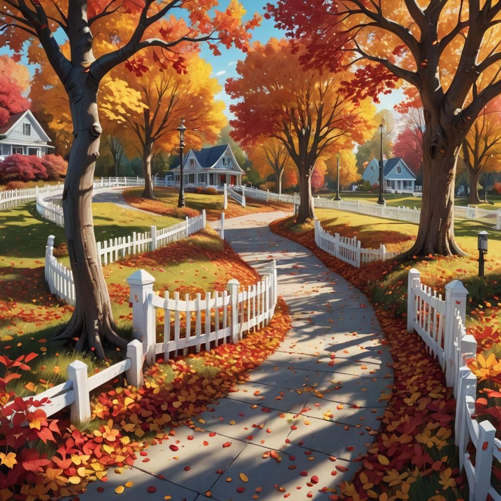 a pic of a path with a white picket fence and trees with red...