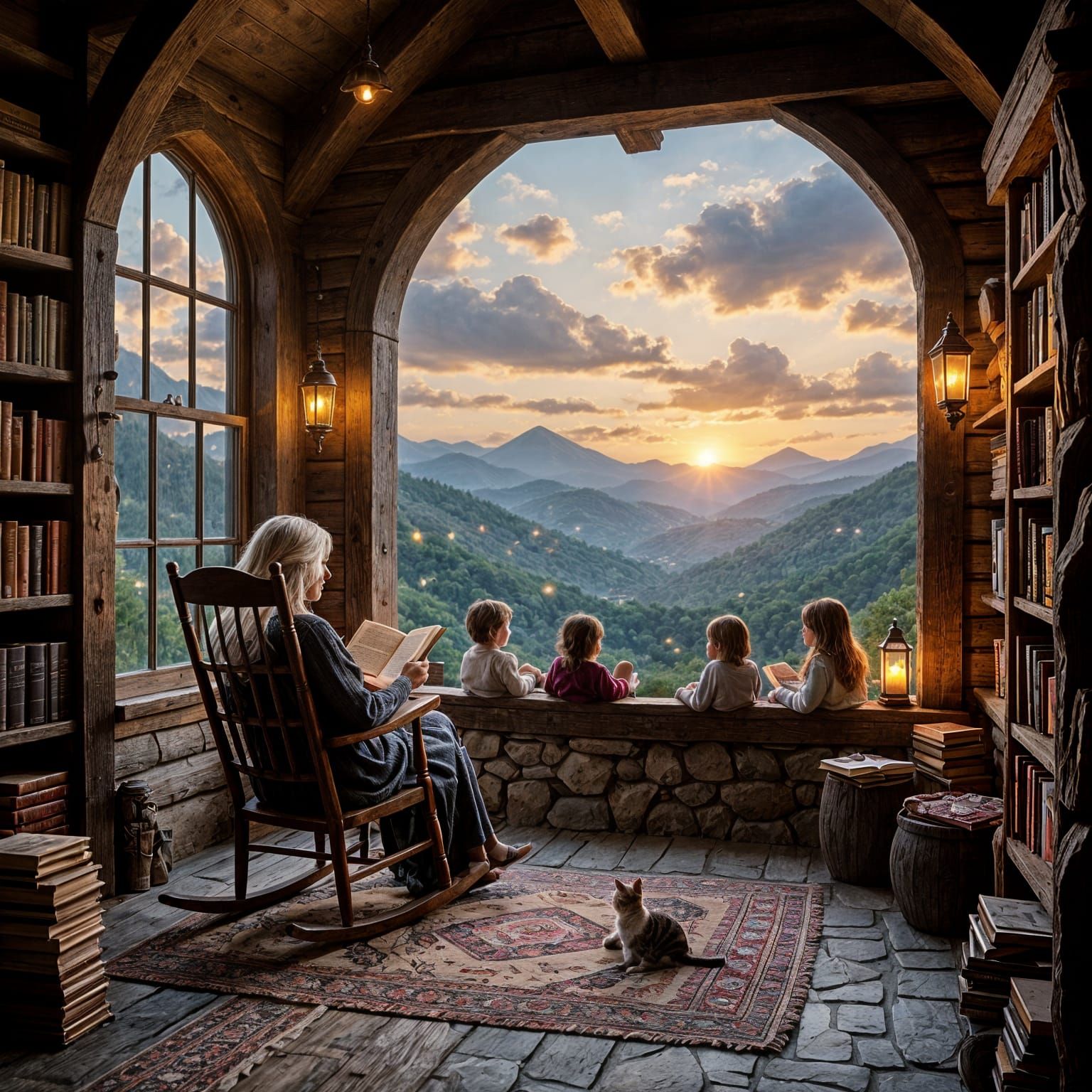 “Cozy enchanting old reading room, rustic mountain cottage interior, modest wooden-framed window, sunset ...  by @undefined