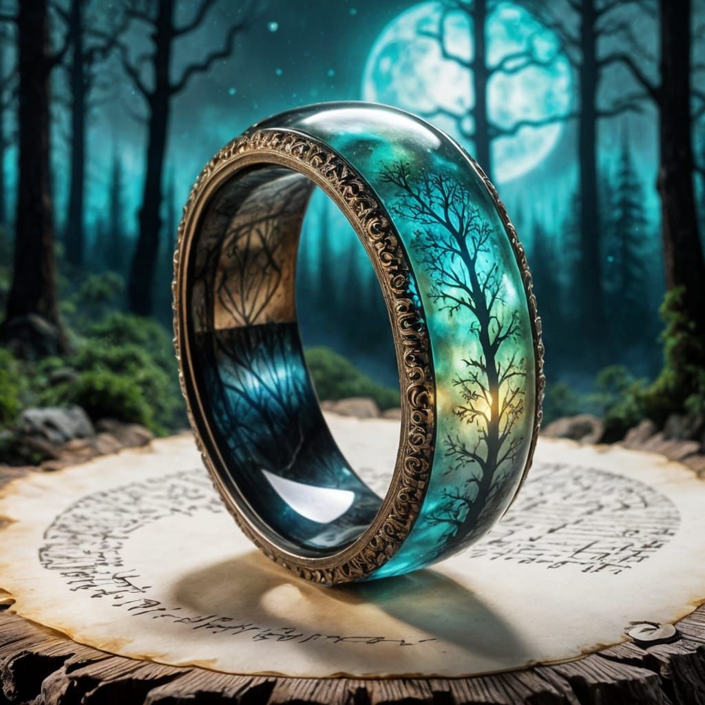 Elven resin ring, with delicate Gaussian electromagnetism luminescent glow, positioned in the center ...  by @RoseVincent