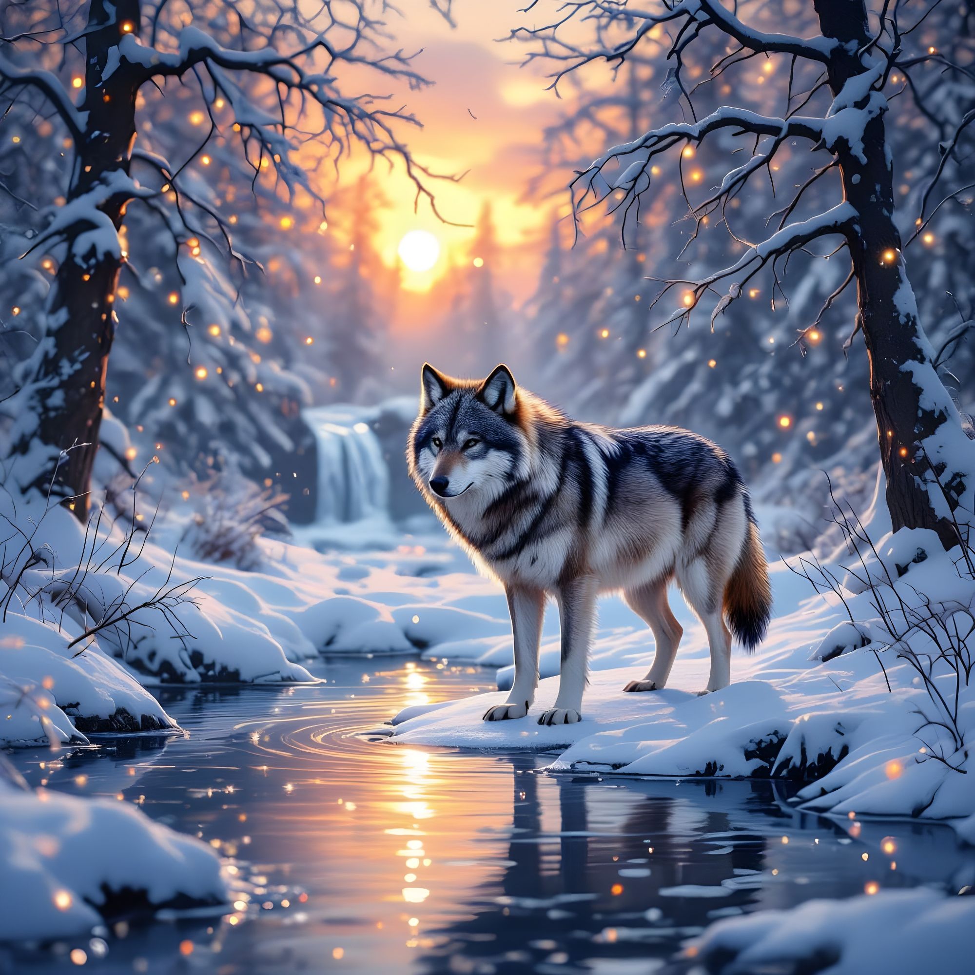 A realistic wolf in a Magical Forest In Winter, Frozen Pond, Waterfall, Magic Trail, Snowfall, Magical Lights, Sunset, Photorealistic,  Rich...