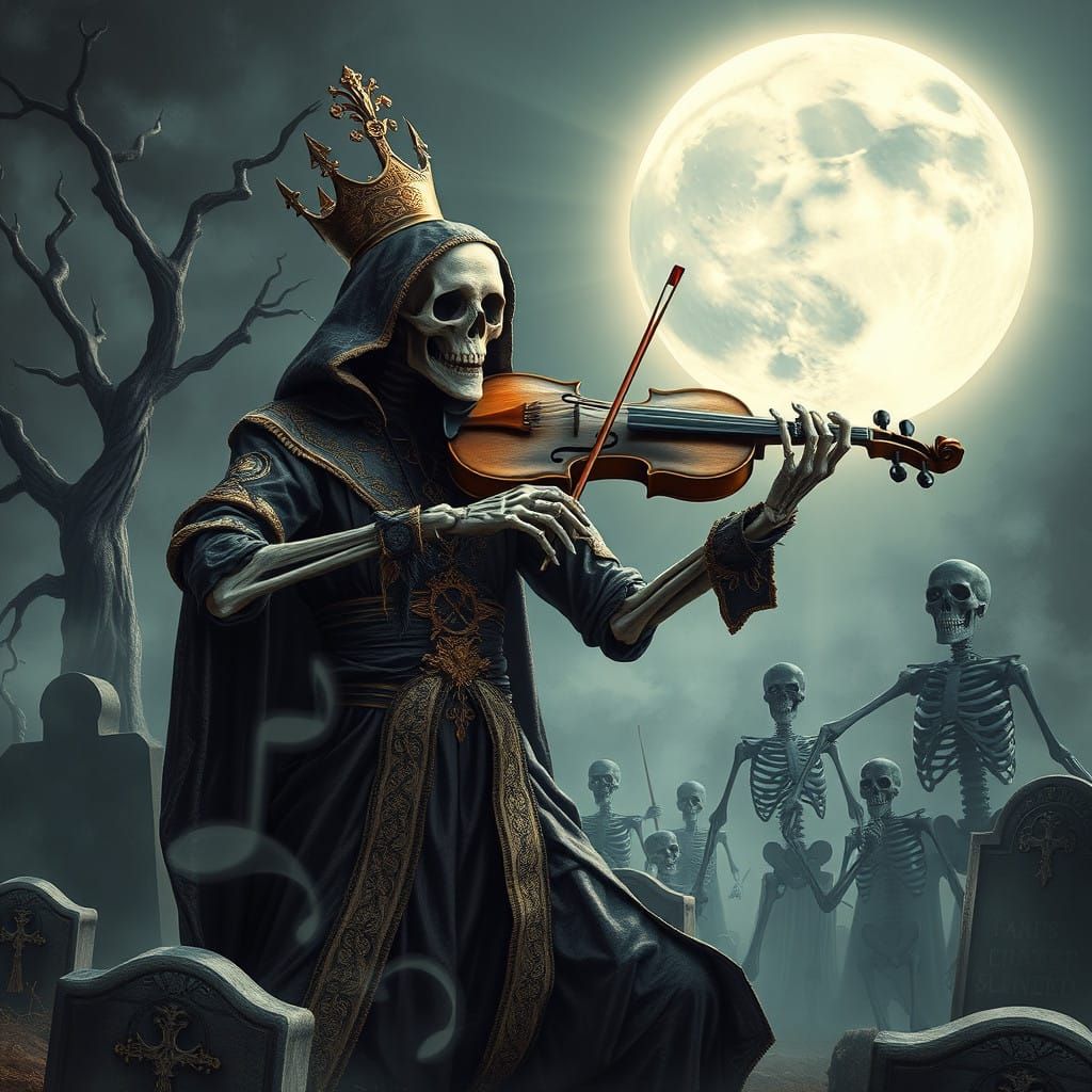 Ethereal Skeleton Musician Conjures Undead Legion in Moonlit...