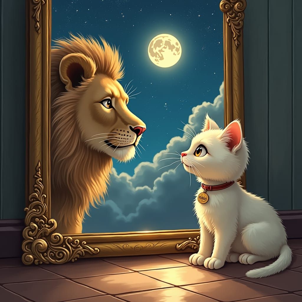 A cute little cat sitting at the floor and see a reflection ...