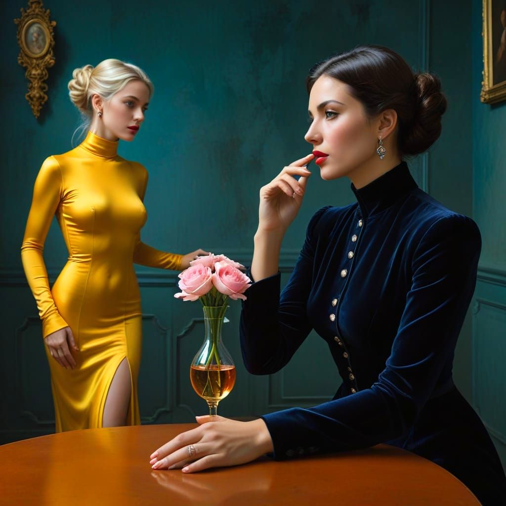 Surreal Cityscape with Elegant Women in Conversation