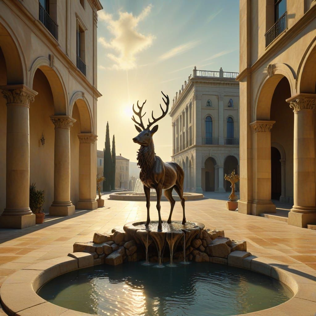 Surreal Wax Stag Statue in Dreamlike Setting