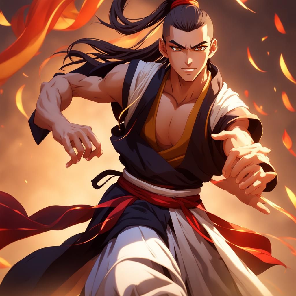 A full body shot of a 20 year old male human monk, with no weapons, tanned skin, lean build, long, spiky, dark hair, a ponytail, baggy pants...