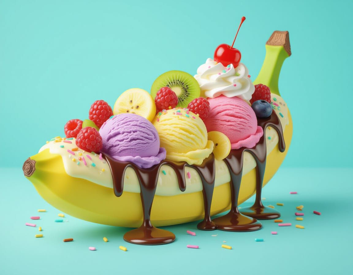 detailed giant ice cream banana split, with fruit, pastel icecream, and chocolate sauce, sprinkles, highlighting ...  by @Kindly Offer